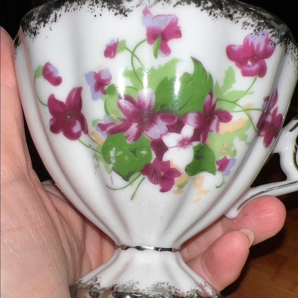 Vintage Fred Roberts Japan Iridescent Teacup with Silver Handle Delicate